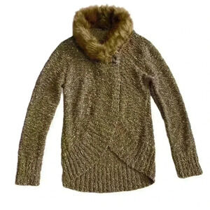 Slonl Wool Blended Long Sleeve Sweater with Faux Fur Trim Golden Threads Size M